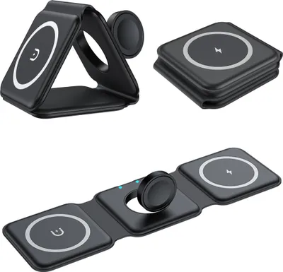 Produktbild von Kabelloses Ladepad für iPhone faltbar, kompakter 3 in 1 kabelloser Ladeständer, kabellose tragbare Ladestationsmatte für Iwatch/Airpods/iPhone (ohne Adapter)(Schwarz)
