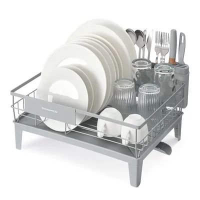 Produktbild von Abtropfgestell Geschirr, Geschirr-Abtropfständer, 360° drehbarer und ausziehbarer Ablauf, Abtropfschale, Besteckhalter, Küche, 31 x 42 x 18,5
