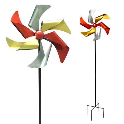 Produktbild von Windrad Windspiel Metall Gartendeko Balkon Terrasse Erdspieß rot gelb silber
