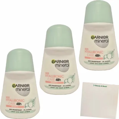 Produktbild von Garnier Mineral Deo Roll-on Hyaluronic Care 48h 3er Pack (3x50ml Flasche) + usy Block