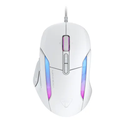 A white gaming mouse with RGB lighting.