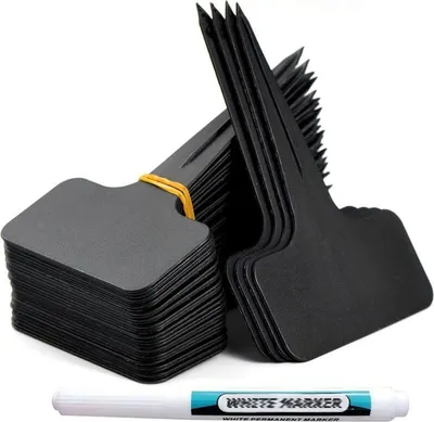 Produktbild von 100 Stück Gartenetiketten für den Außenbereich, T-förmige Pflanzenstecker aus Kunststoff, Etiketten für den Gemüsegarten mit wasserfestem Stift, wiederverwendbare Etiketten und Pflanzenzubehör (Schwarz)