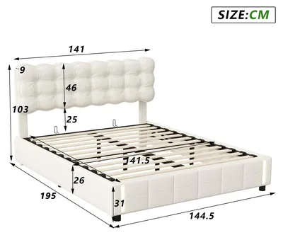 Image de Lit en velours - Structure de lit - 140 x 190 cm - Rangement hydraulique - Sommier à lattes - Éclairage LED à la tête de lit - Sans matelas - Beige