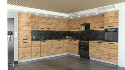 Produktbild von ULWEHOME | Eckküche 580 cm Eiche Wotan, Küchenmöbel-Set L-Küche mit Vorratsschrank, Backofen-Hochschrank & geteilten Arbeitsplatten 320 cm