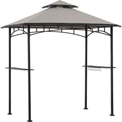 A standalone grill gazebo with a gray canopy and black metal frame, shown against a white background.