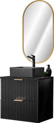 Produktbild von Waschplatz Set, 61cm breit, mit schwarzem Aufsatzwaschbecken aus Keramik, gerillte Front, matt schwarz, ADELAIDE-56-BLACK, B/H/T ca. 60,6/200/46,5 cm