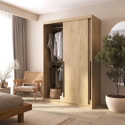 Produktbild von Kleiderschrank Eiche Craft 140 cm mit Spiegel und Schubladen Schiebetüren ADAPTE Modern