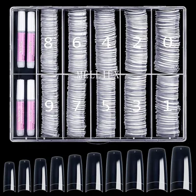 Image de Lot de 500 faux ongles français, avec 4 tubes de colle, transparents, pour l'extension des ongles, compatibles avec l'acrylique et les ongles en gel
