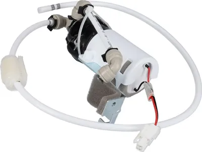 A water pump assembly with tubing and electrical connectors, isolated on a white background.