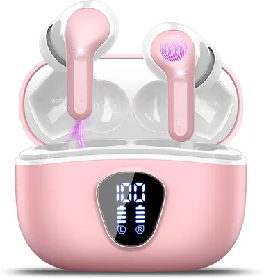 Obrázok produktu pre Bluetooth slúchadlá, bezdrôtové, slúchadlá do uší, potlačenie hluku, farba: ružová