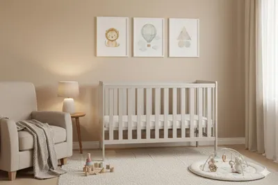 Produktbild von Babybett 2in1 mit Matratze 120x60cm, 2 ausziehbare Sprossen, 3-stufige Verstellung, Skandinavisches Design, Kaschmirfarbe