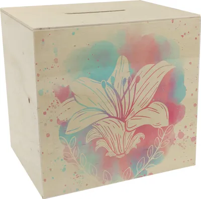 Produktbild von Spardose aus Holz mit Blumenmotiv in Wasserfarbenoptik