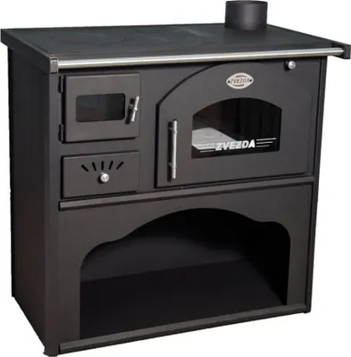 A black wood-burning stove with a glass oven door and a stovetop.