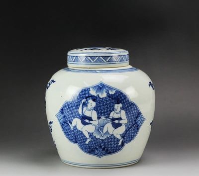 Fine Asianliving Chinesische Vase mit Deckel Porzellan Handbemalt Kinder Blau D23xH23cm Dekorative Vase Blumenvase Orientalische Keramik Vase Dekoration Vase Moderne Tischdekoration Vase