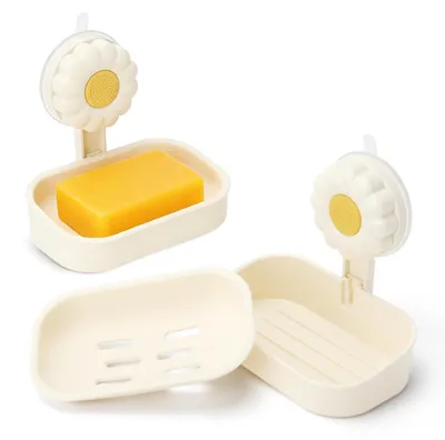 Image de Porte-savons à ventouse, lot de 2, blanc, avec égouttoir, à fixer sans perçage, pour la douche et la cuisine