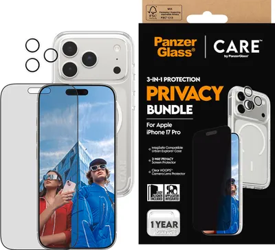 Zdjęcie produktu dla PanzerGlass ® | CARE by ® 3-in-1 Flagship Privacy Bundle iPhone 17 Pro, Apple, Apple - iPhone 17 Pro, Aplikacja na sucho, Odporny na zadrapania, Odporny na wstrząsy, Przezroczysty, 1 szt.