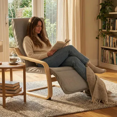 Produktbild von Homestyle4u Freischwinger Relaxsessel Cord grau mit Fußstütze verstellbar Schaukelstuhl Fernsehsessel Holz