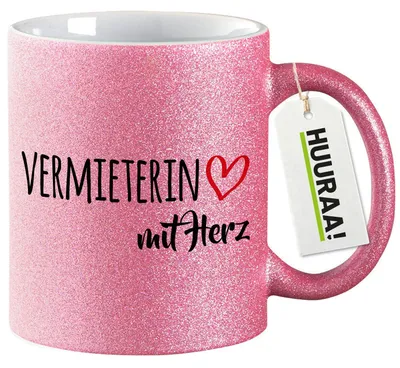 Produktbild von Huuraa Glitzertasse Vermieterin mit Herz 330ml Pink Keramik Kaffeebecher Geschenkidee