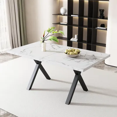 Image de MODFU Table À Manger Avec Piètement Croisé Noir, Plateau Rectangulaire MDF Chêne, 140x80x76 cm - Blanc