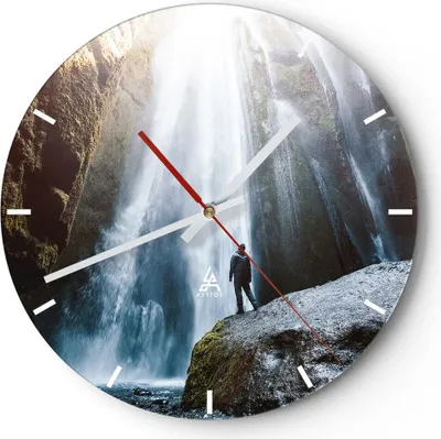 Produktbild von Wanduhr - Rund - Glasuhr - Berg Wasserfall - 30x30cm - Schleichendes Uhrwerk - Lautlos - zum Aufhängen bereit - Dekoration Modern - Wanddekoration aus Glas - C3AR30x30-4093
