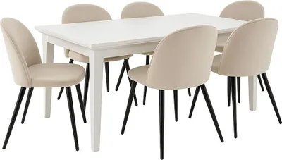 Produktbild von Venedig Essgruppe Tisch weiß 95x180/276 mit 2 Stk. Zusatzplatten 6 Stühlen Velour beige.