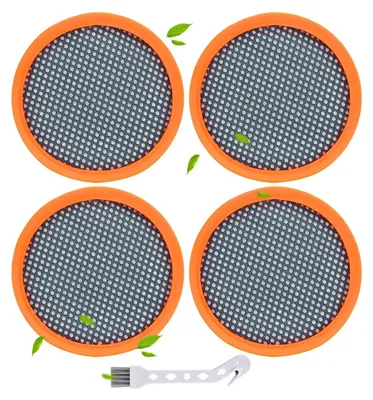 Four round filters with orange rims and gray perforated centers are arranged in a collage formation. A small white cleaning brush with gray bristles is positioned at the bottom center of the image. Several small green leaf graphics are scattered around the