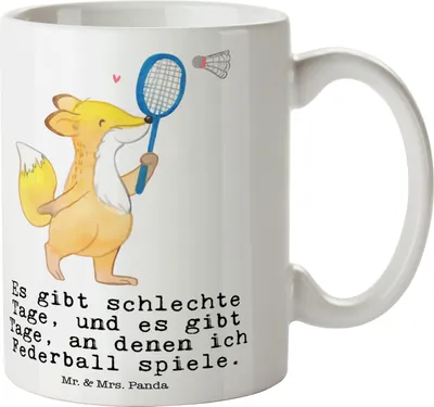 Produktbild von Mr. & Mrs. Panda Becher Fuchs Federball spielen - Weiß - Geschenk, Tasse, kaffeetasse bedruckt, mit Motiv, kaffeebecher, Badminton