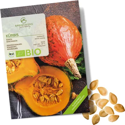 Produktbild von Kürbis Samen (Hokkaido, 5 Korn) - Kürbis Saatgut aus biologischem Anbau ideal für die Anzucht im Garten, Balkon oder Terrasse