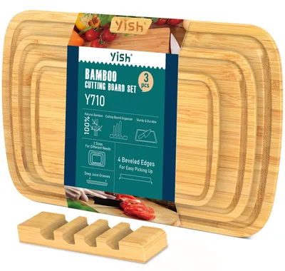Bambus-Schneidebrett-Set, 3-teilig, mit Saftrille und Ständer
