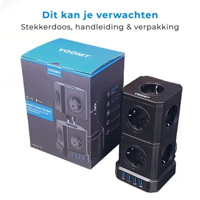 Immagine prodotto di VOOMY 13-in-1 Cubo di prese impilabili con USB - Spina a 9 vie e 4 USB - Presa multipla con cavo da 2M e interruttore - Ciabatta elettrica con protezione da sovratensione - 2500W Powercube - Nero