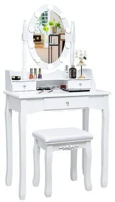 Make-uptafel mit LED-Spiegel, 3 Schubladen, Hocker, weiß