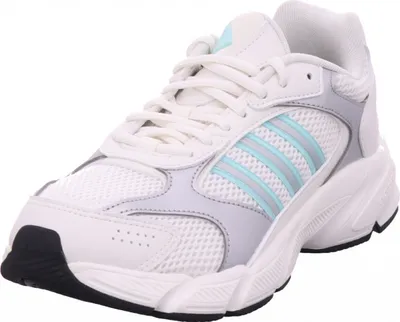 A single white Adidas sneaker with light blue and gray accents is shown from a side-angle on a white background.