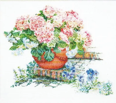 Image de Thea Gouverneur Kit de broderie au point de croix "Hortensias et pensées Aida", patron à compter, 45x50cm