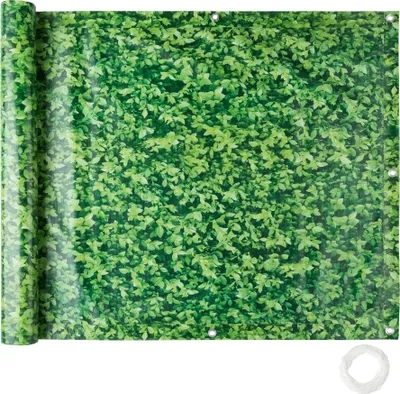 A rolled-up green privacy screen with a leaf pattern, shown on a white background.