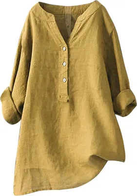 Produktbild von ASKSA Damen Baumwolle Leinen Bluse Einfarbig Langarm Shirt Lose Blusenshirt Knoepfen Aufrollen Tops, Gelb, Groesse: XL