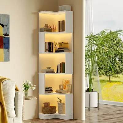 Produktbild von Eck Bücherregal, L-förmiges Bücherregal, LED-Farbwechsel-Lichtleiste, weiß