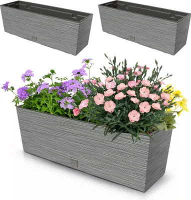 Produktbild von 2 Stck. Blumenkasten Meißel Balkonkasten Pflanzkasten Grau 18L 58 cm mit Topf Einsatz 12L Pflanzkübel Einzigartiger Blumentopf Kunststoff Selbstbewässernd Drainageloch