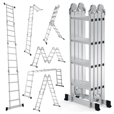 Zdjęcie produktu dla Peviasot Aluminiowa wielofunkcyjna drabina 7w1, 4 stopnie, wysokość ok. 470 cm / 4,7 m, składana drabina przegubowa do domu i warsztatu, drabina przyścienna, maksymalne obciążenie 150 kg