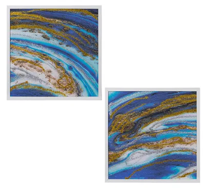 2er-Set abstrakte Holz-Bilder, Blau & Gold, 60x60 cm