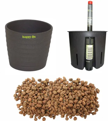 Produktbild von Set4 4 teilig für Hydrokultur Blumentopf Keramik Maui 13/12 anthrazit Ø 16 cm H 13,5 cm + Kulturtopf + Wasserstandsanzeiger + Blähton