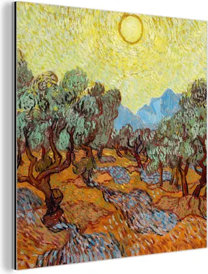 Obrázok produktu pre Nástenná dekorácia Kovový kovový obraz Wall Art 50x50cm Olivovníky so žltou oblohou a slnkom - Vincent van Gogh Muchowow Hliníkové obrazy