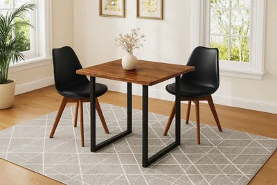 Produktbild von Essgruppe Baumkante massiv 90 x 90 cm Akazie nussbaumfarben U-Gestell schwarz & 2 Stühle schwarz QUINN