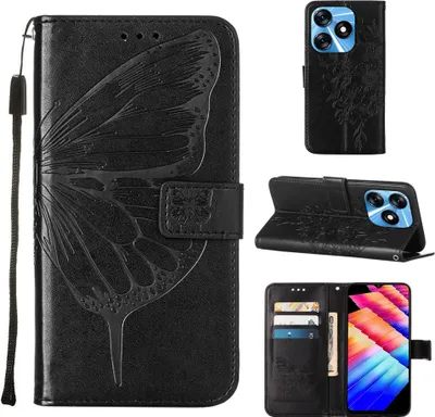 Obrázek produktu pro Pouzdro pro Tecno Spark 10 4G Motýlí Reliéf Flip Kožené Pouzdro s Kapsami na Karty a Stojánkem černé