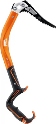 A studio shot of an ice axe against a white background.