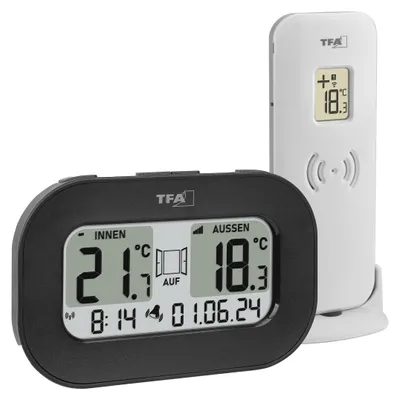Digitale Thermometer mit Außensensor, funkgesteuerte Uhr, schwarz