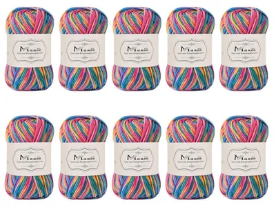 Zdjęcie produktu dla Przędza akrylowa do robótek na drutach, gradient kolorystyczny, 10 sztuk x 50g, kolory: fiolet, zieleń, żółty