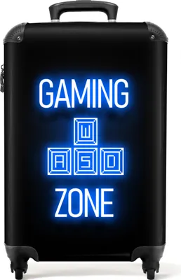Produktbild von NoBoringSuitcases.com® Koffer Handgepäck Trolley Rollkoffer Kleine Reisekoffer mit 4 Rollen - Spiele - Text - Spielzone - Neon - Blau - Cabin Size < 55x40x23 cm & 55x40x20 cm - Fotokoffer - Kabinenkoffer - BoardgepäckHandgepäck Koffer 55x35x20 cm, 36L,
