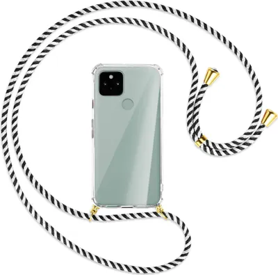 Produktbild von Handykette Backcover-Schutzhülle mit Band (Metall goldfarben) für Google Pixel 5 - schwarz/weiß gestreift