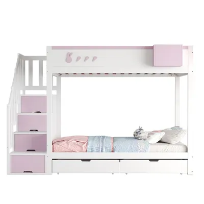 Produktbild von Etagenbett Kinderbett(Pink)Mit Kaninchen- und Karottenmotiven,Abnehmbarem Ablagefach, Sicherer Aufbewahrungsleiter,Schubladen,Lattenrost,Doppelbett