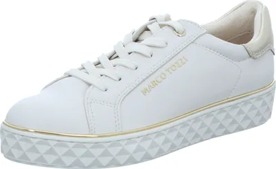 A single white sneaker with a platform sole is shown from a diagonal angle against a white background.